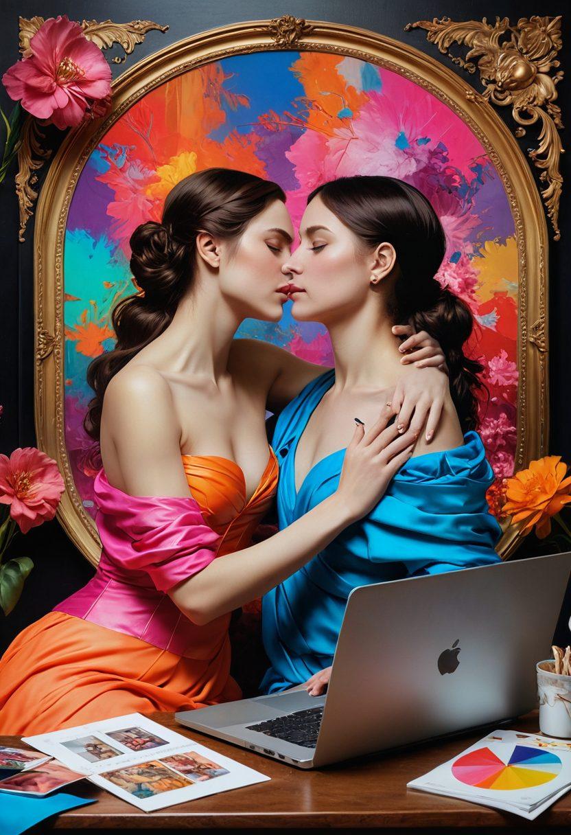 A split-image composition depicting the evolution of adult entertainment: on one side, an elegant vintage painting showcasing classical art figures in a romantic embrace; on the other side, a digital modern scene of vibrant online streaming platforms with diverse characters on screens. Include elements like an artist's palette and a laptop with streaming icons to symbolize the transition. super-realistic. vibrant colors. contrasting styles.
