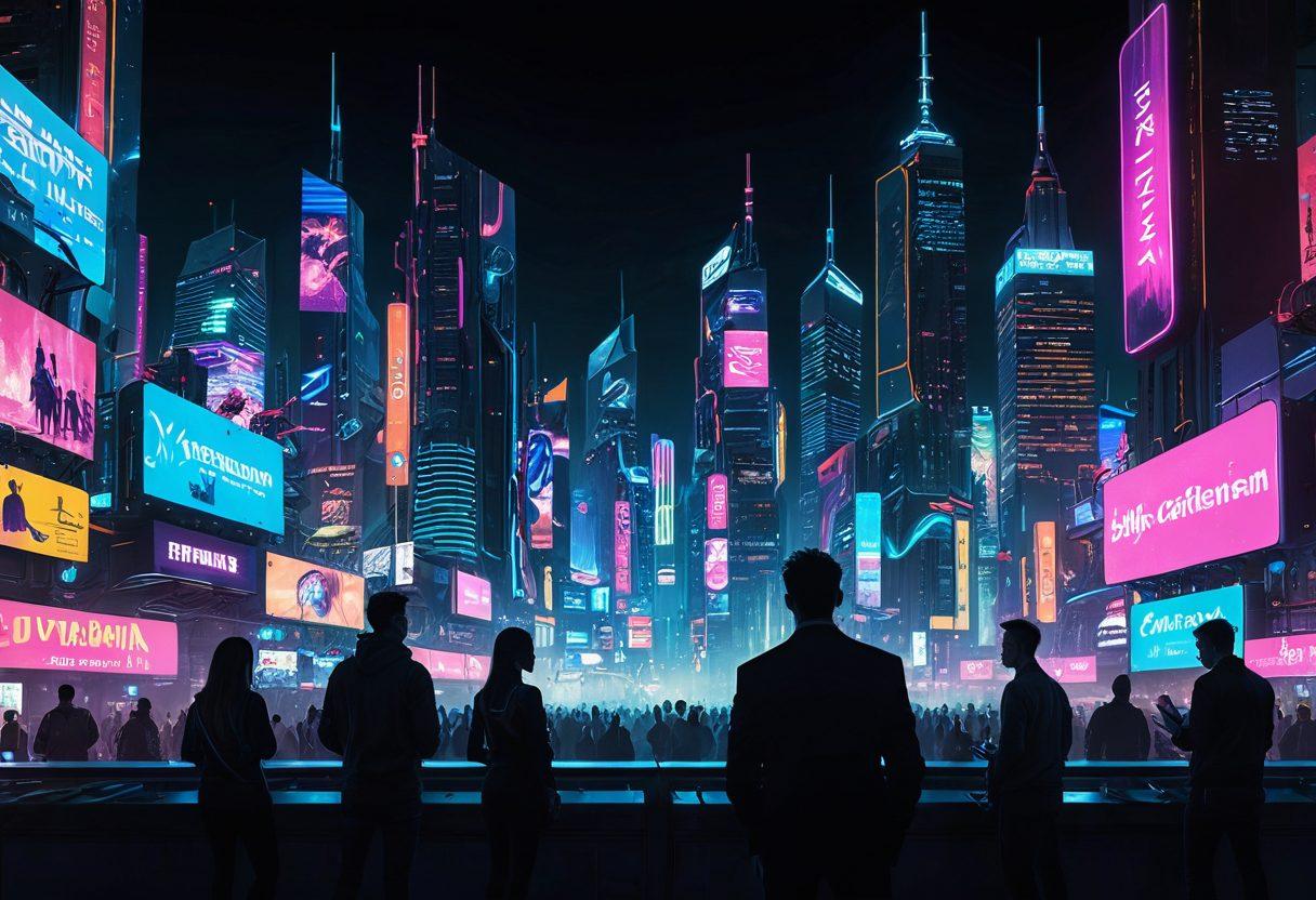 A futuristic cityscape at night, illuminated by neon lights showcasing various streaming platforms and adult content themes, intertwined with digital elements like binary codes and social media icons. In the foreground, silhouettes of diverse individuals engaged in streaming on multiple devices, reflecting a shift in societal norms. The atmosphere is vibrant and dynamic, blending technology with human interaction. cyberpunk. vibrant colors. super-realistic.